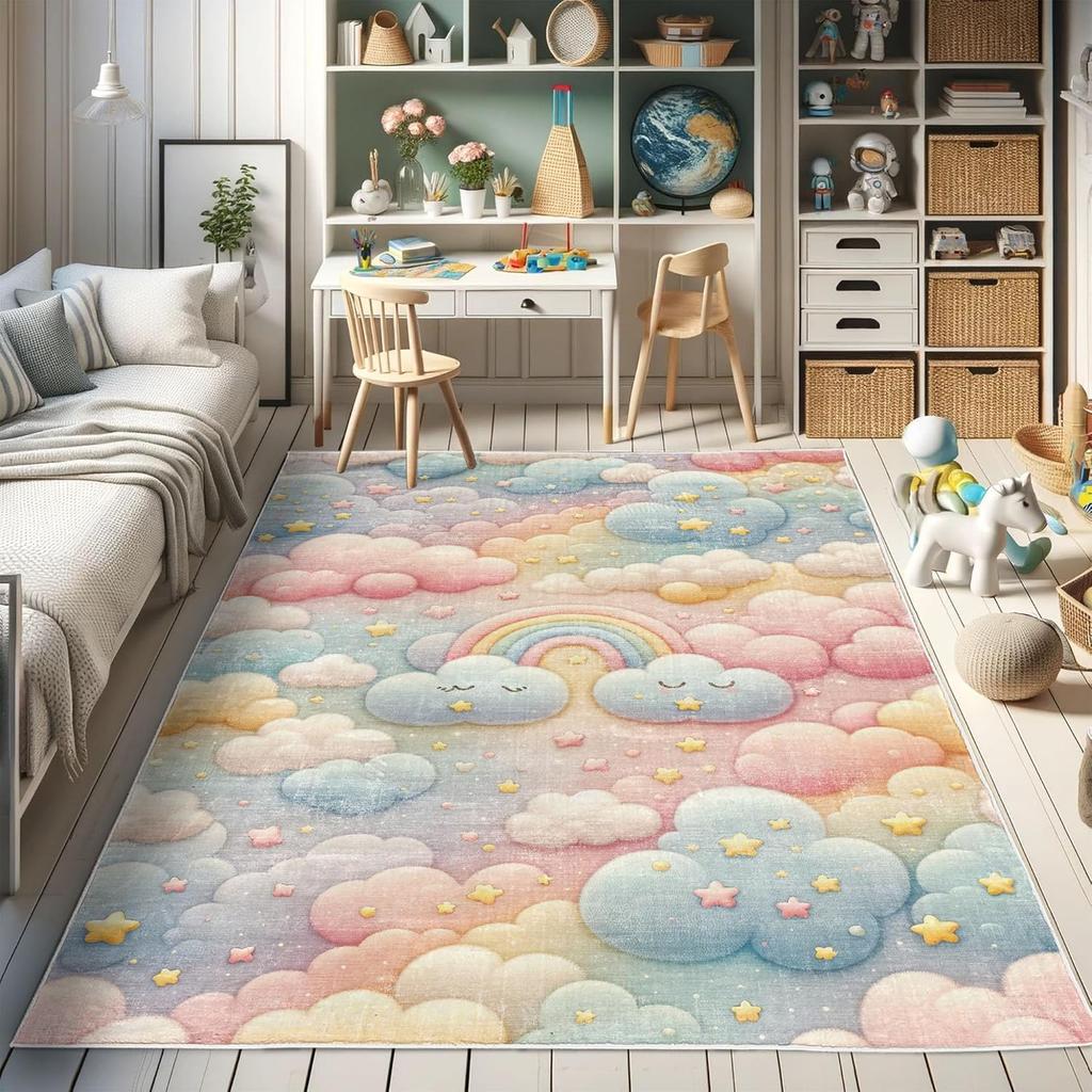 Dinosaur Decorative Rug,Jurassic Scenario Cartoon Animals in Wilderness Cloudy Sunrise Back, Quality Carpet for Bedroom Dorm and