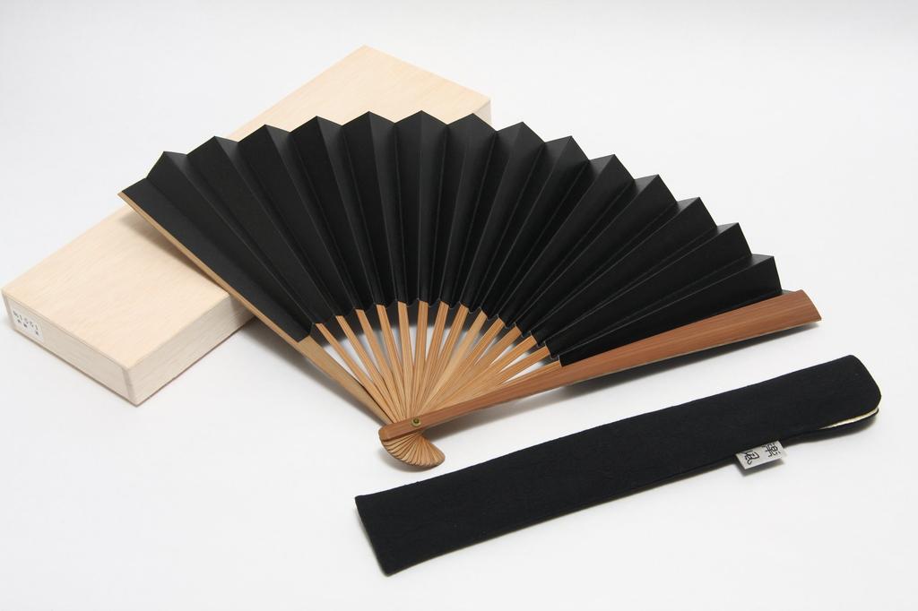 Hasegawa Large Size Folding Fan, Handmade by Kyoto Craftsmen, with Fan Case, In Wooden Box, Black