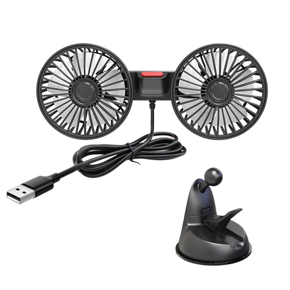 USB 5V Auto Ventilation Fan Dual Head Car Suction Cup Fan 360 Degree Rotation Adjustable 3 Speeds for Dashboard RV Truck