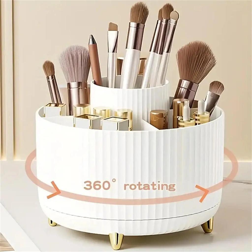 1PC 360° Rotating Makeup Organizer Multi-Functional Plastic Cosmetic Storage with 5 Compartments Brush Holder for Desktop