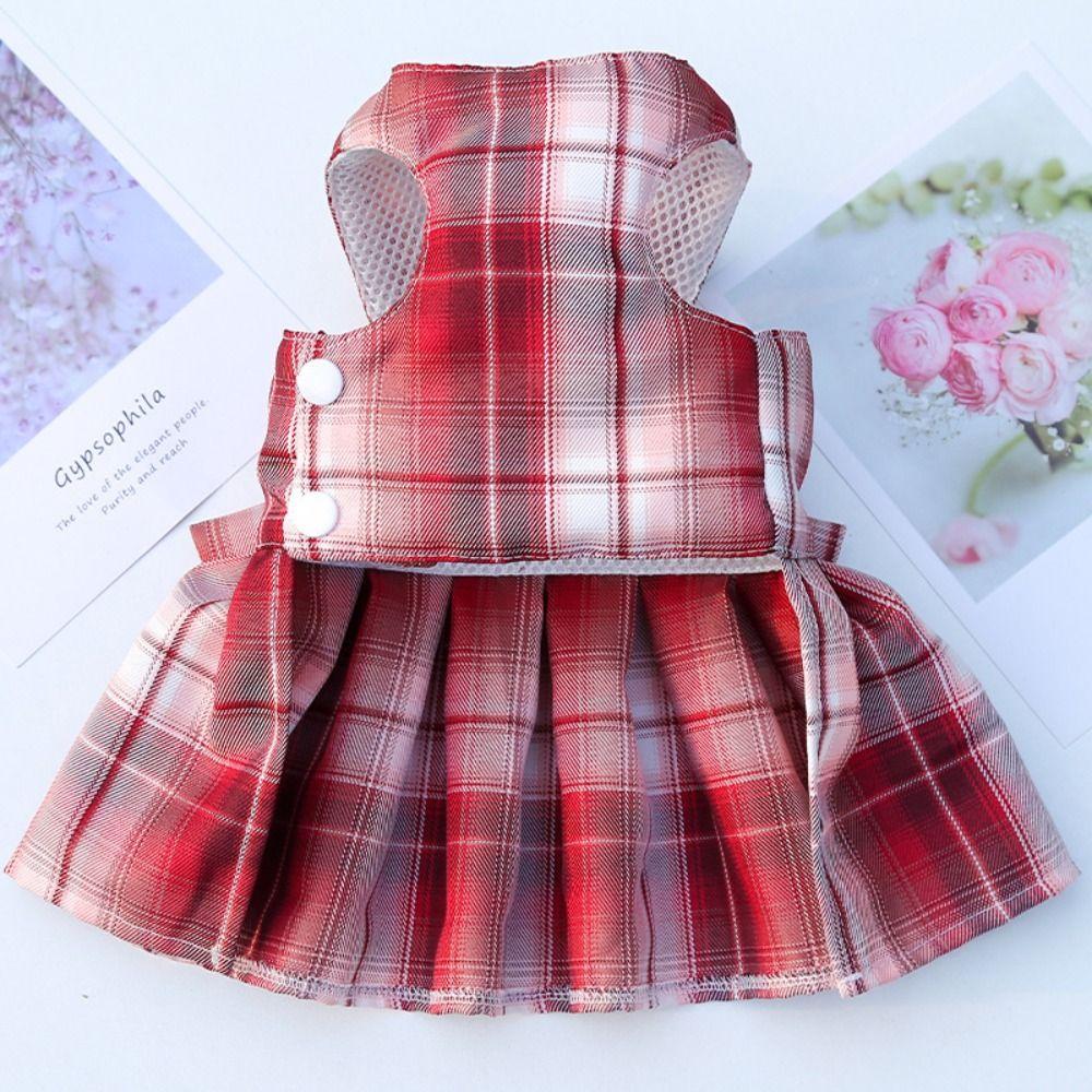 Thin Dog Plaid JK Dress with Leash Traction Pet Harness Skirt Dog Accessories Dog Bow Skirt Cat