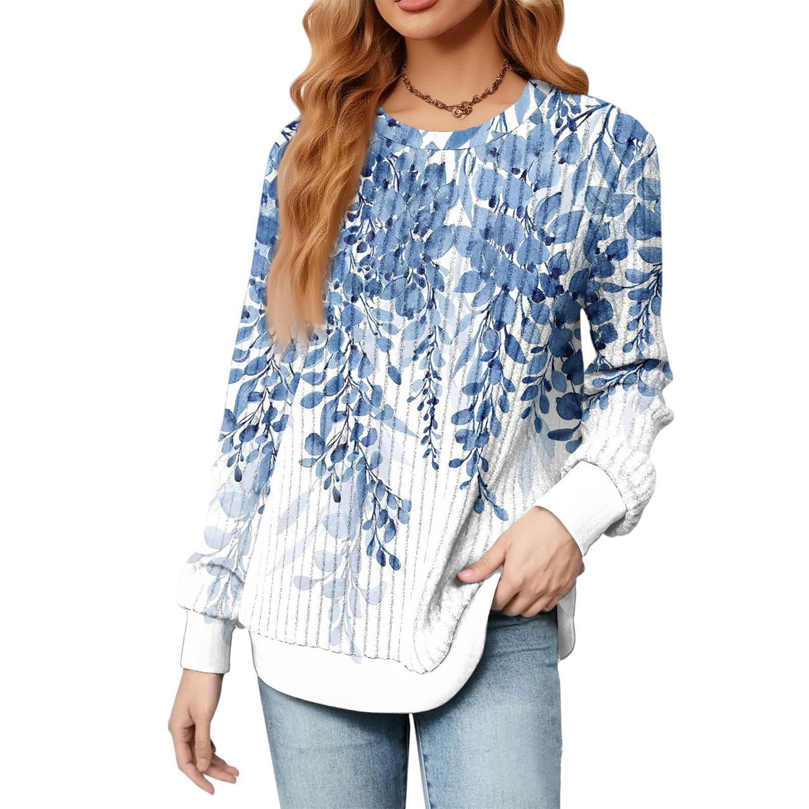 

Fashionable Women s Long Sleeved Floral Printed Lightweight Sweater With Loose Round Neck Top L синій
