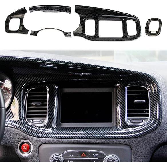 Crosselec Carbon Fiber Center Consoles Dashboard Trument Gauge Cluster Dash Air Vent Panel Kit Cover Trim Garnish Bezel For For Dodge Charger 2015- black carbon fiber