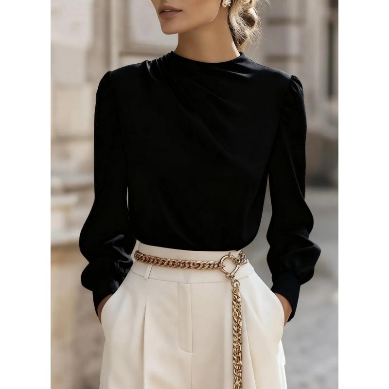 Commuting Simple Pleated High Collar Lantern Sleeve Shirt Top for Women