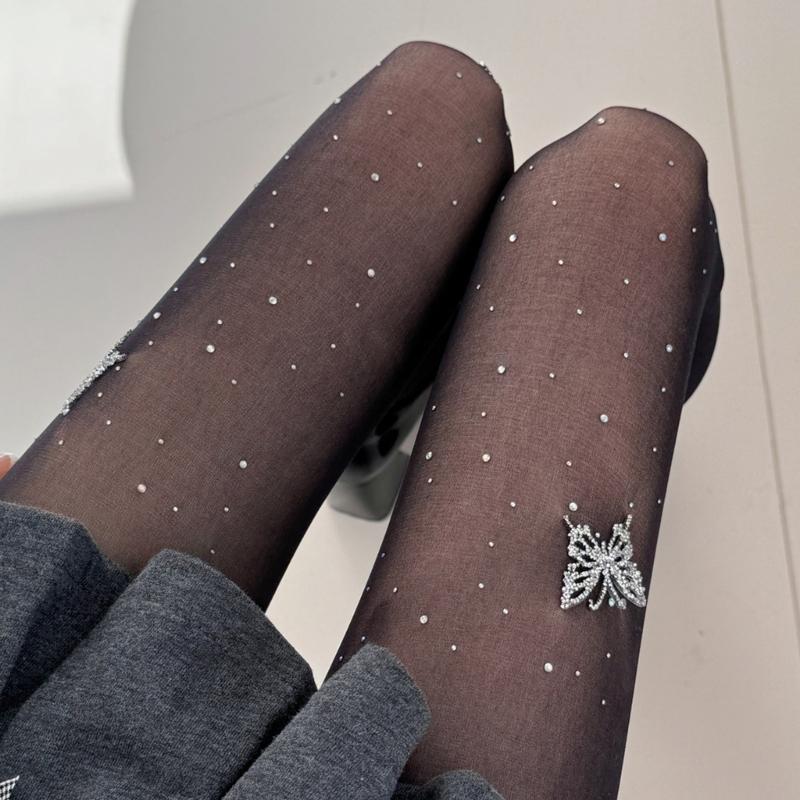 Elegant Butterfly Rhinestones Pantyhose with Breathable Nylon Fabric Offering Wear Comfort In Social Event and Work
