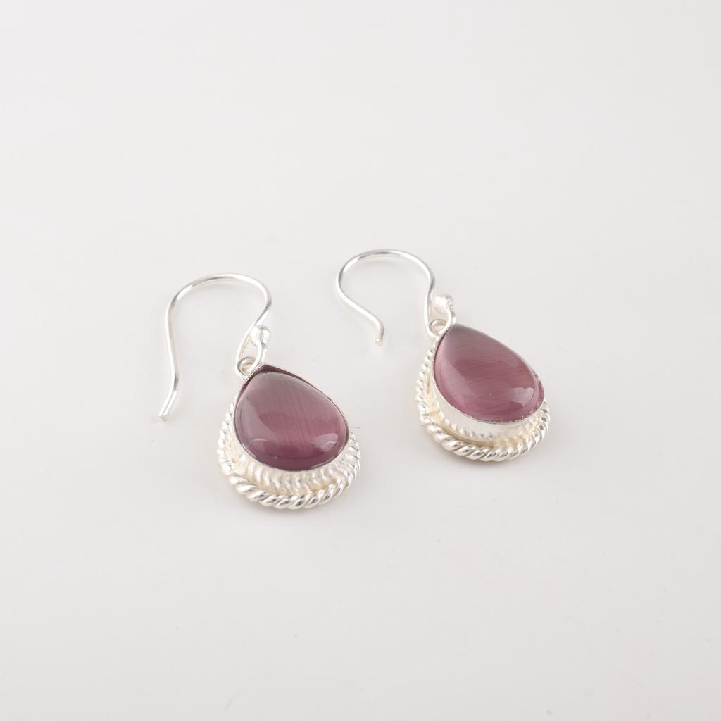 Purple Cat's Eye Gemstone 925 Fine Silver Jewelry Handmade Dangle Earrings 1.40" EE-9-40