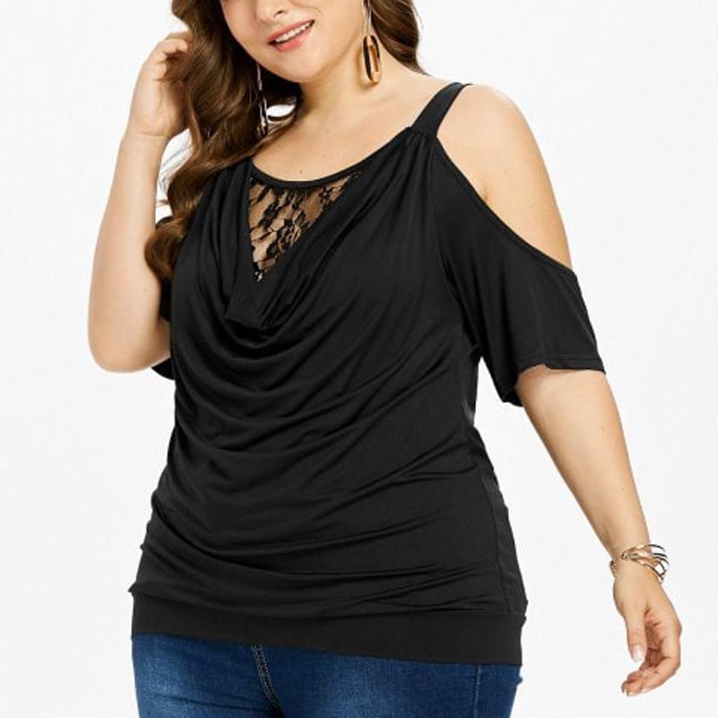 Fashion Womens Plus Size Lace Solid Cold Shoulder Cowl Neck T-shirt Tops Blouse
