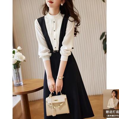 Rochie Midi cu Mâneci Lungi, Fashion, Culoare Contrastantă, Primăvară Toamnă, Streetwear, Slim, Eleganță, Patchwork, Aspect Două Piese