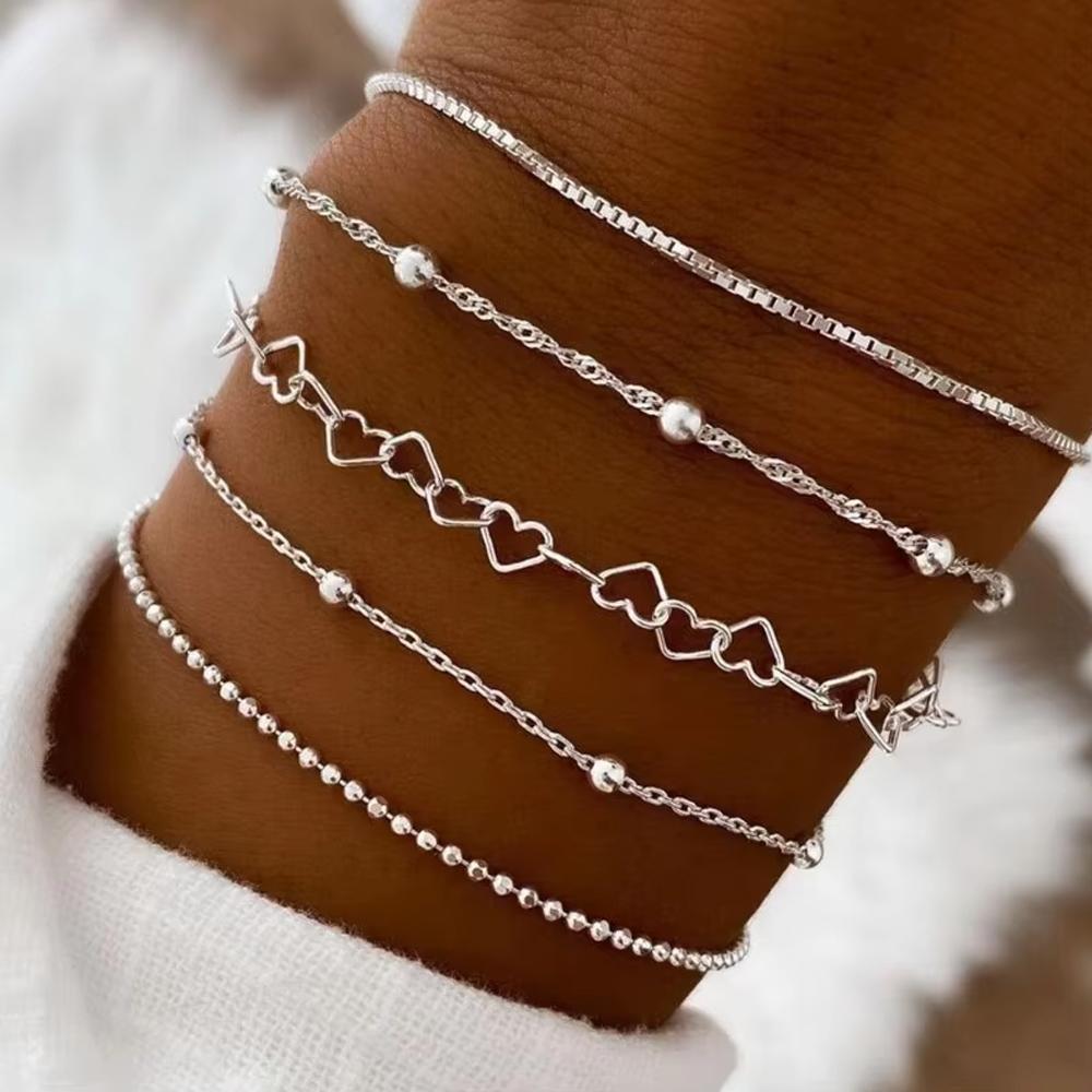 5 Pcs Set Silver Color Chain Bead Bracelets for Women Simple Elegant Vacation Beach Party Casual Jewelry Versatile Daily Wear