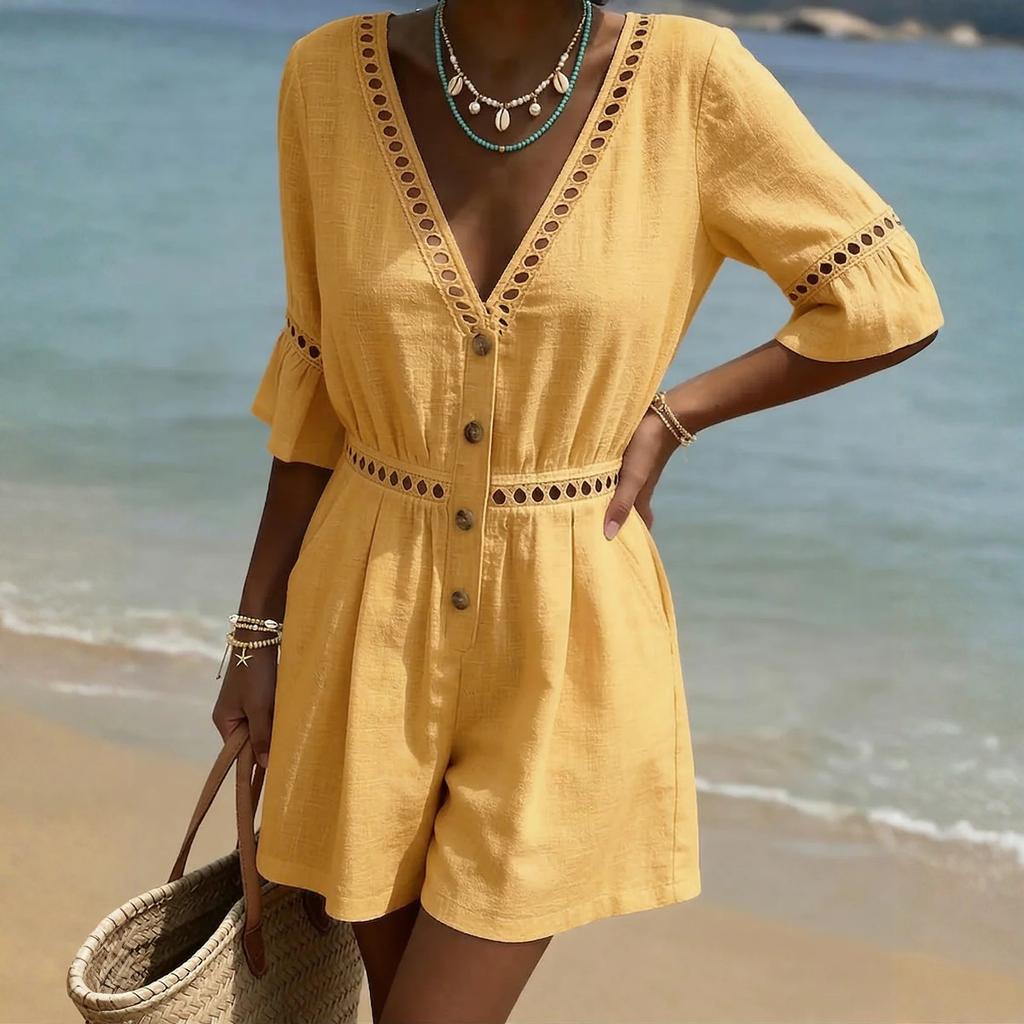 Short Rompers For Women Deep V Neck Sleeveless Jumpsuit Loose Fit Work Overalls Dressy Casual Summer Jumpsuits