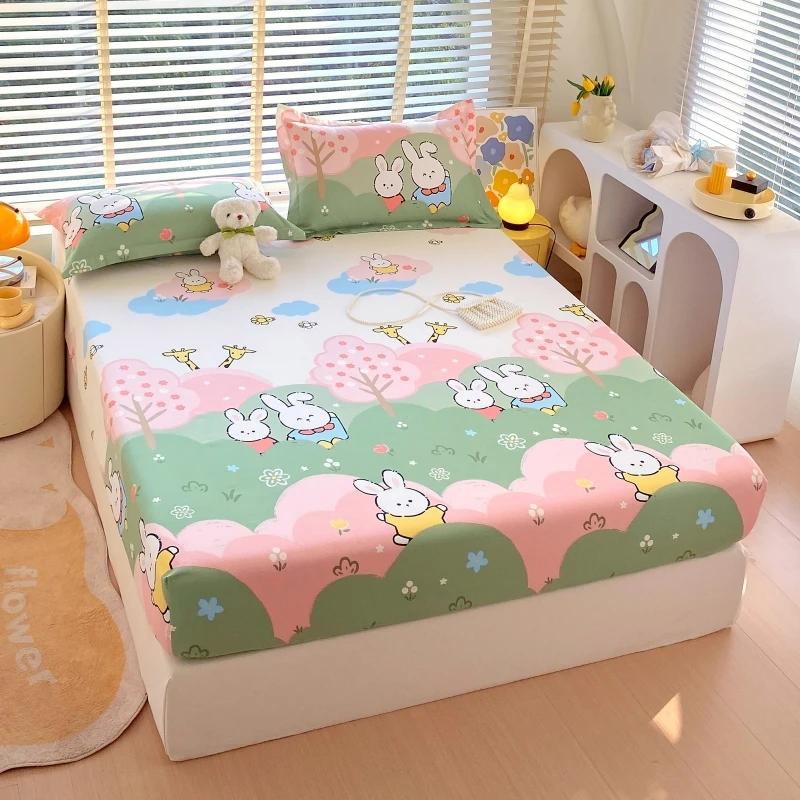 Cartoon Style Rabbit Fitted Sheet Set Skin-friendly Breathable Non-slip Bed Cover with 2 Pillowcases Bedding Set for Boys Girls