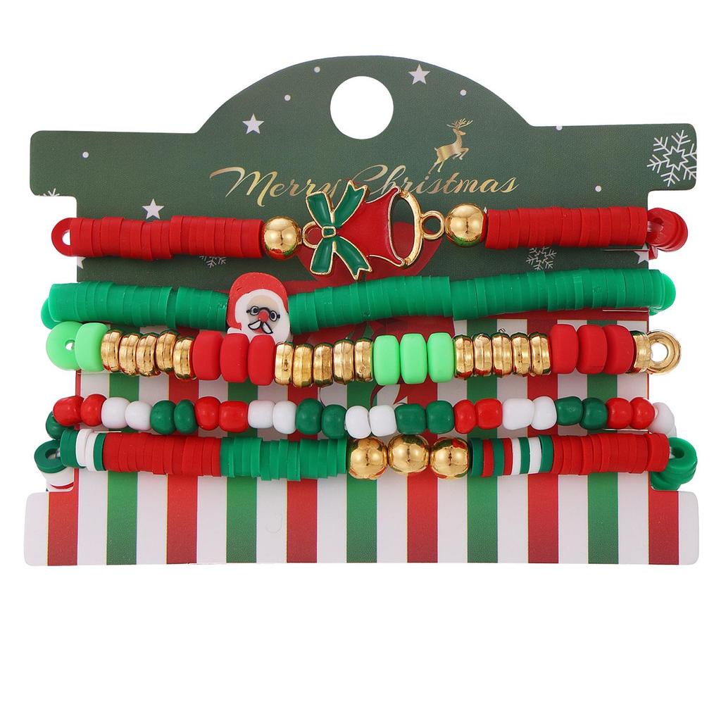 Christmas Reindeer Bell Alloy Bracelet Set with Colorful Polymer Clay for Women