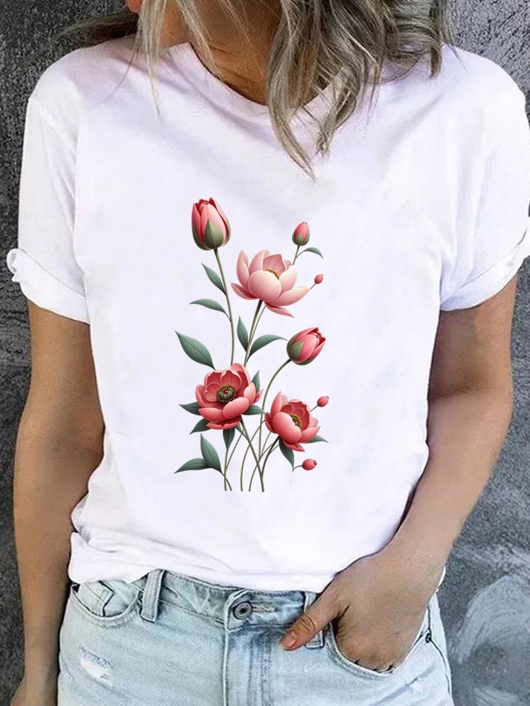 (Asian Size) Lovely Flower Style Casual Short Sleeve T Tee Top Clothing Shirt Women Printed Lady Fashion Female Graphic T-shirts