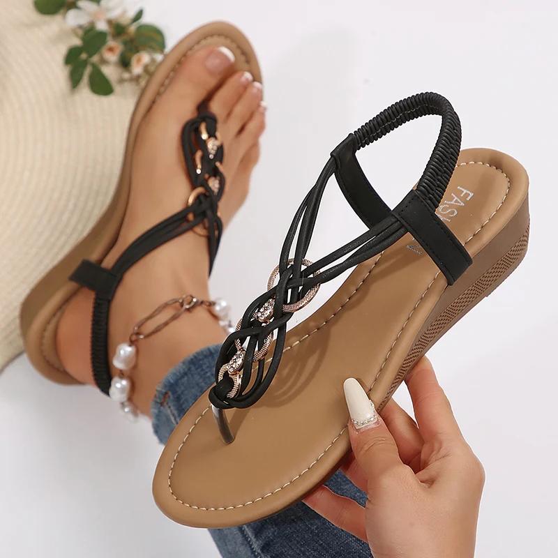Fashion Women's Summer Braided Strap Wedge Sandals Elastic Band Clip Toe Gladiator Sandals Woman Roman Style Comfortable Beach Shoes