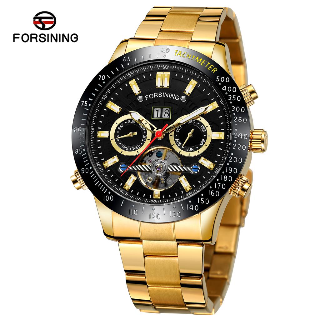 Montre Pour Homme Forsining Branded Stainless Steel Gold Noble Water Resistant Tourbillon Custom Mens Automatic Mechanical Watch