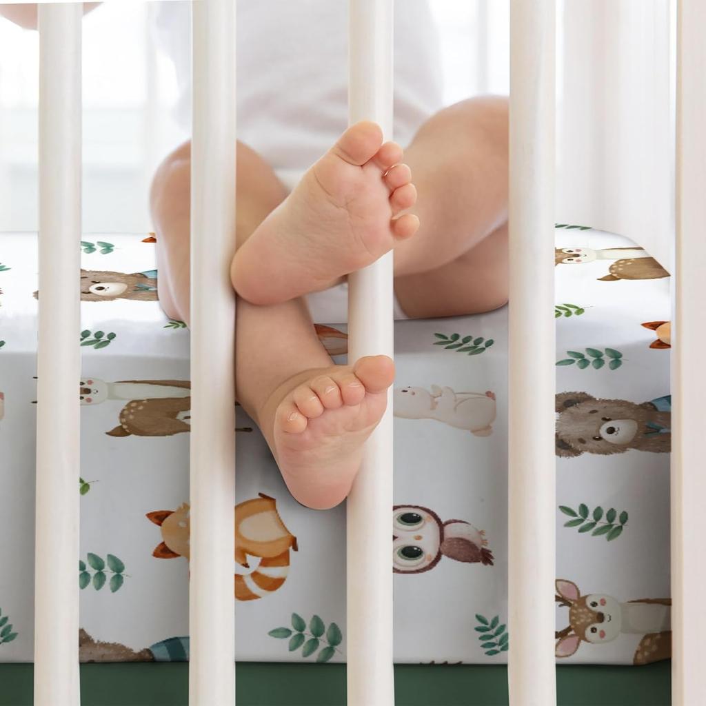 Cute Woodland Animals Leaves Baby Crib Sheet 52''x28'' Bear Raccoon Squirrel Deer Rabbit Hedgehog Owl Fitted Crib Cover for Boy Girl Nursery Crib