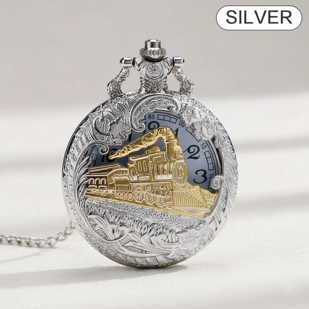 

Vintage Antique Chain Quartz Pocket Watch Roman Numerals Skeleton Case Round Steam Train Locomotive Pendant Watch for Men Women серебряный