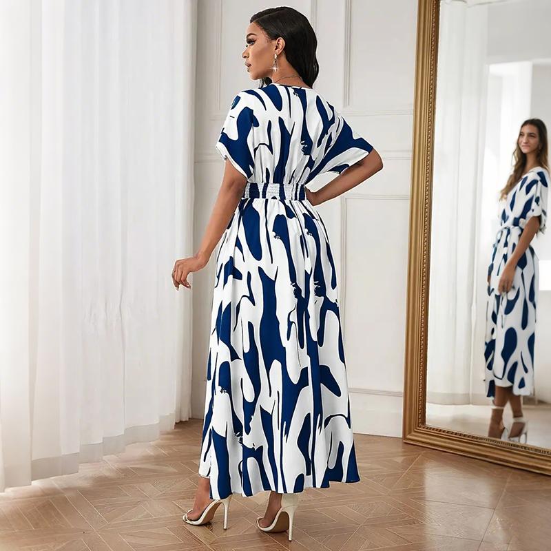 Women Summer Short Sleeve Color Matching Holiday Beach One Piece Dress