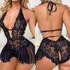 Sexy Crotchless White Underwear Women Lace Hollow Bra Set Erotic Costume Baby Doll Dress Deep V Open Bra Porn Lingerie Set