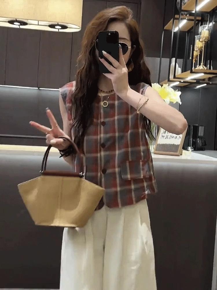 

Женская шикарная французская клетчатая блузка без рукавов 2025 M