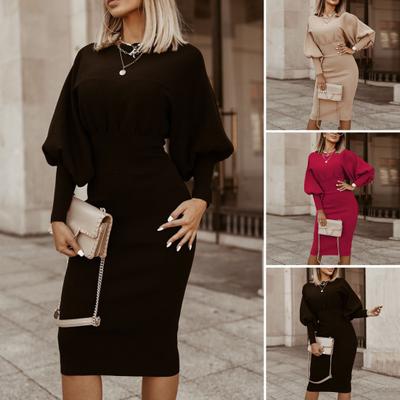 Women Dress Lantern Long Sleeves Solid Color Cinched Waist Elegant Polyester Casual Office Daily Life Party Sandals High Heels