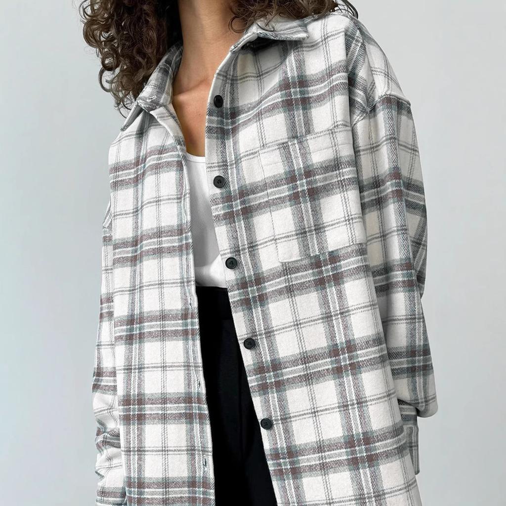 European and American lazy loose lapel plaid shirt women's 1116 autumn street casual outer long-sleeved shirt