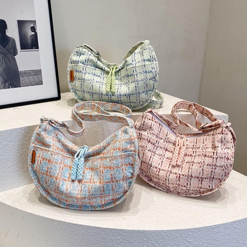 Plaid Half-moon Shoulder Bag Handbag Canvas Dumpling Bag Simple Hobos Crossbody Bag Girls