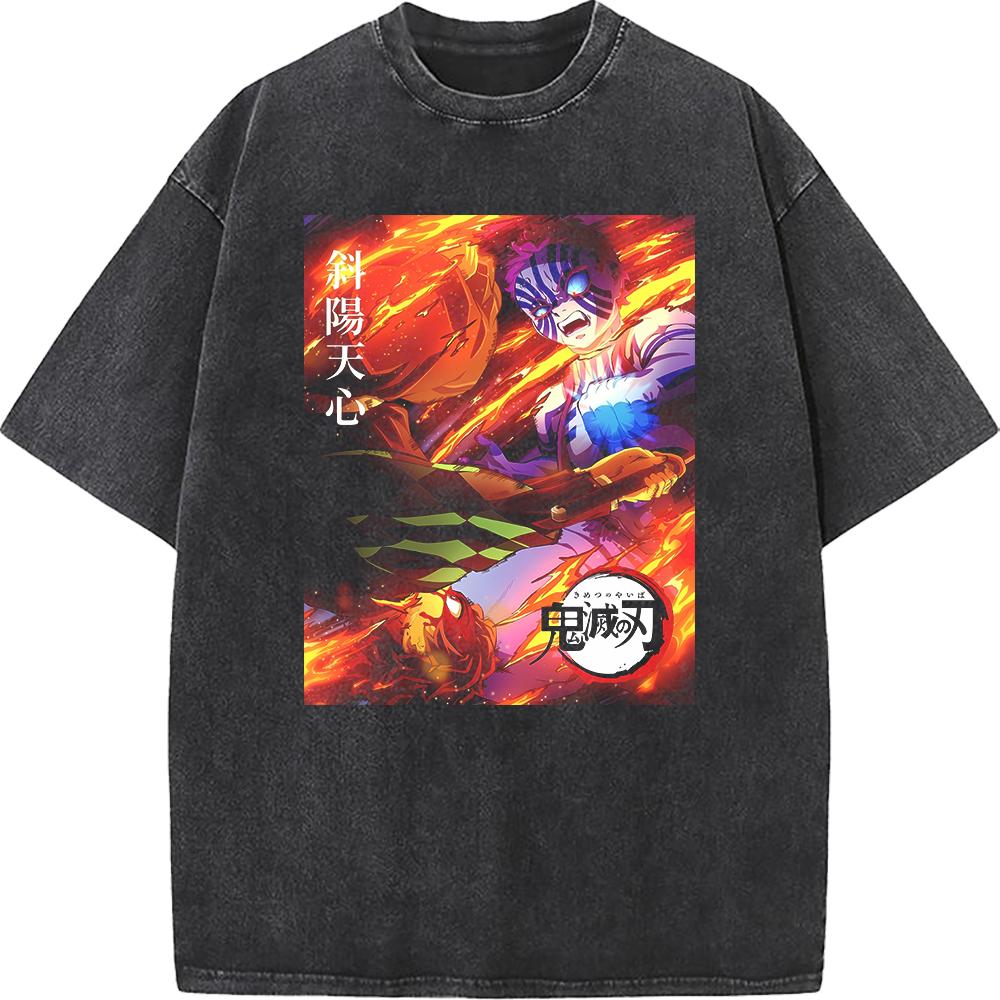 Demon Slayer Tanjirou Akaza Printed Tshirt Men Washed Cotton T-shirts Oversized Streetwear Manga Vintage Tee Harajuku Male Tops