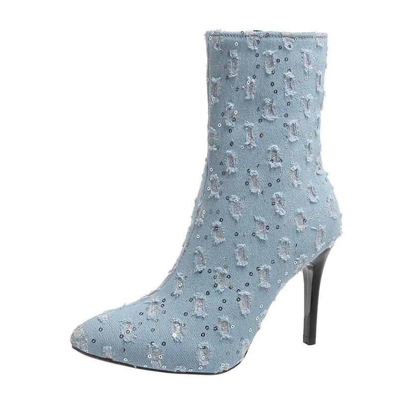 Cowboy High Heels Ankle Boots Women Bling Pointed Toe Shoes Chelsea 2024 Trend Sexy Stilettos Canvas Designer Snow Botas Mujer