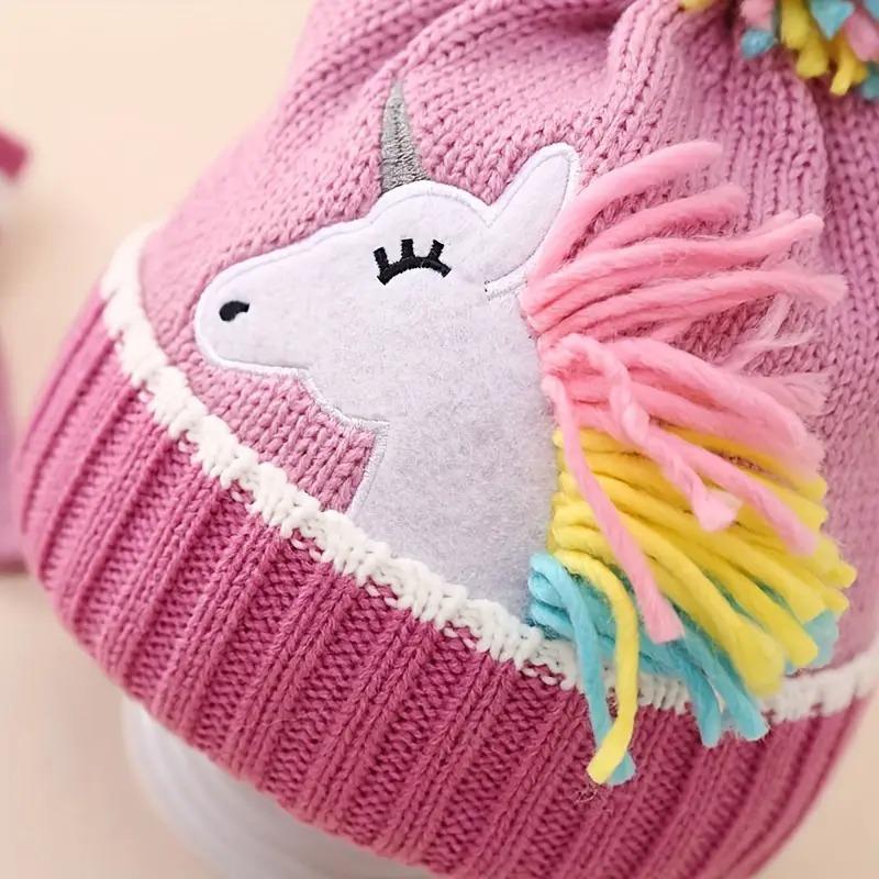 Kinder Mädchen Niedliche Einhorn Mütze Wintermütze und Handschuh Set Strickmütze Klappbare Fäustlinge Set für Kleinkind Kleine Mädchen Jungen