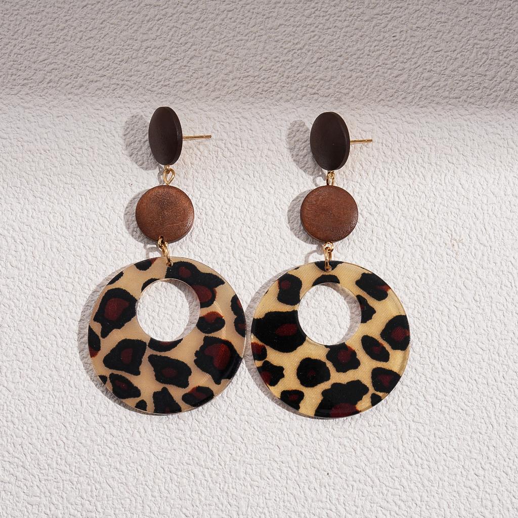 Maillard Flocking Leopard Print Hollow Round Silver Needle Earrings Autumn and Winter Geometric Fashion Earrings