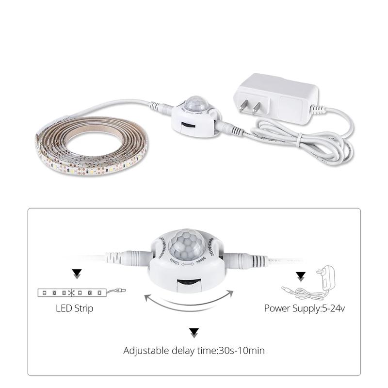 Motion Sensor Under Cabinet Lights Cupboard Kitchen Bed Emergency Night Light Flexible LED Strip DC 12V US EU Power Adapter