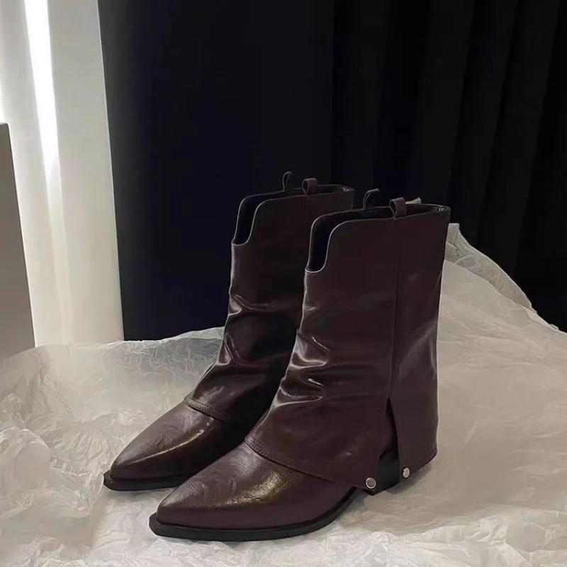 Fashion 2024 Solid Color Design Pointed Toe Square Heel Winter Tall Simple Office Women's Shoes Pleated Non-slip Winter Boots Zapatos