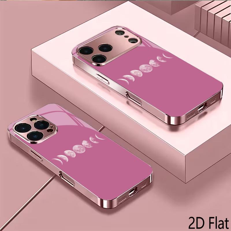 Pink and white moon 2DFlat For iPhone17 18 16 15 14 13 12 11 Pro Max XS XR 8 7Plus Phone Cover Shockproof Protective Back Cover