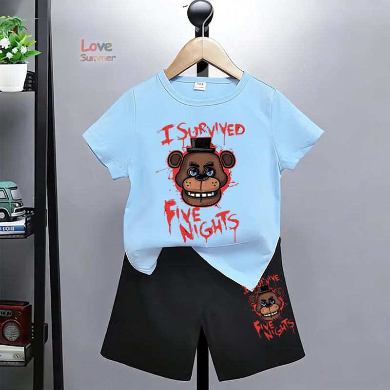 FNAF Breathability T-shirt Set Children Five Nights Top Boys Girls Summer At Freddy Short Sleeved Shorts Two-piece Set