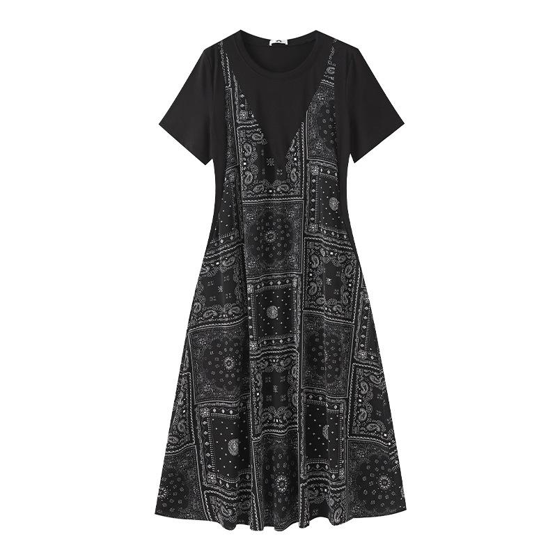 

Летний Новый Стиль Женского Платья Большого Размера в Корейском Стиле с Круглым Вырезом и Ложным Двухслойным Дизайном Пэчворк 5XL чёрный