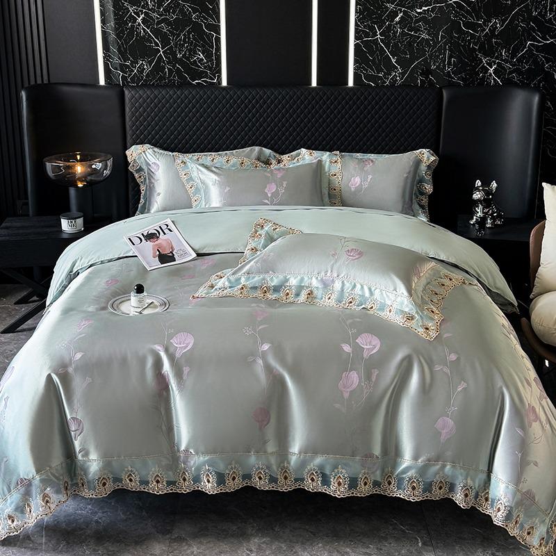 Luxury European Lace Trim Jacquard Silk Bedding Set