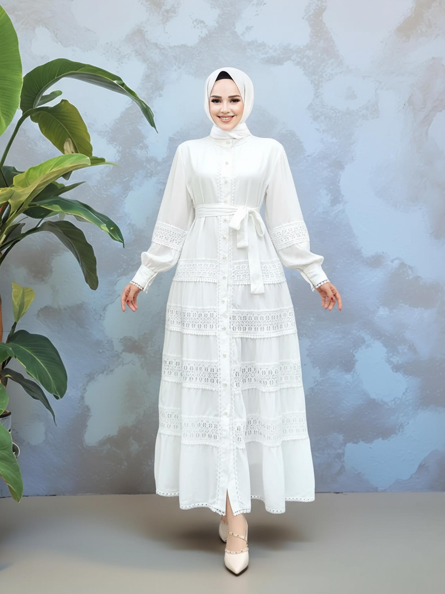 Spot source factory women s dress lace splicing stand-up collar waist big swing dress S белый