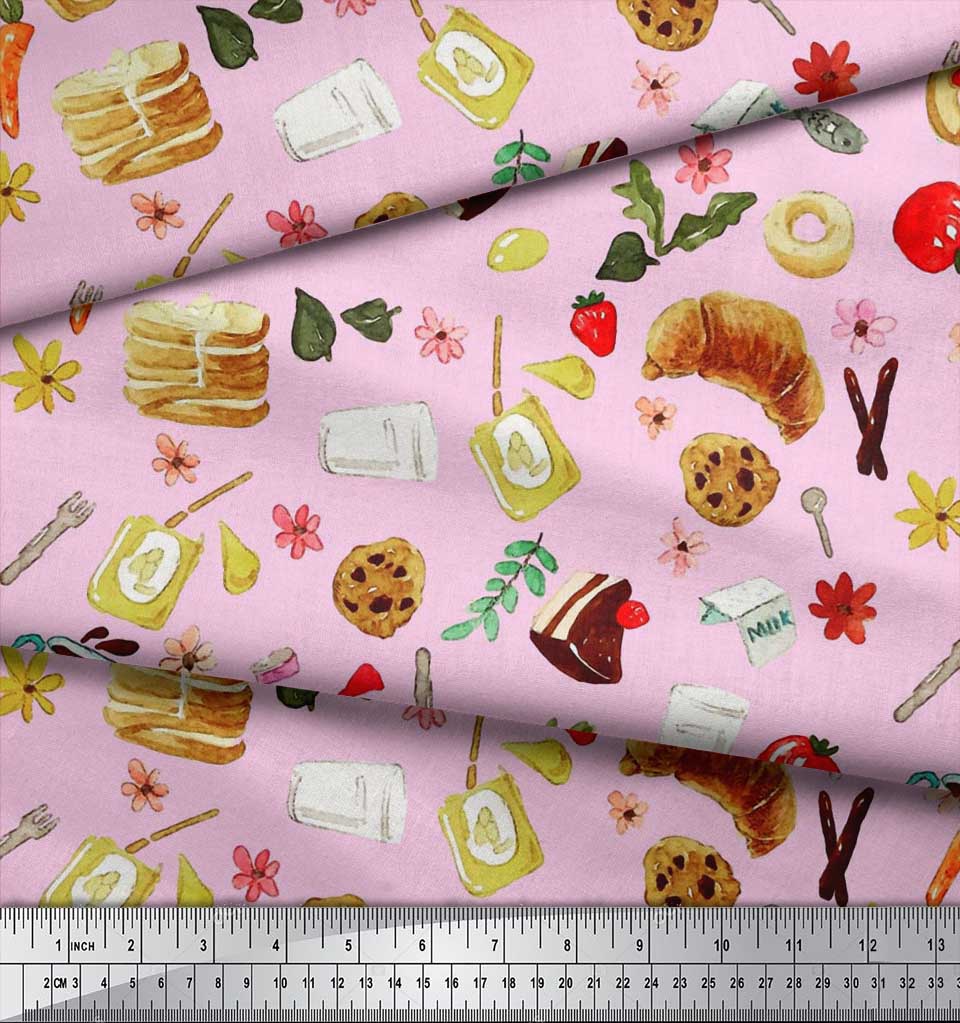 Soimoi Japan Crepe Satin Fabric Fruits,Bread & Donut Food Decor Fabric Printed metre 42 Inch