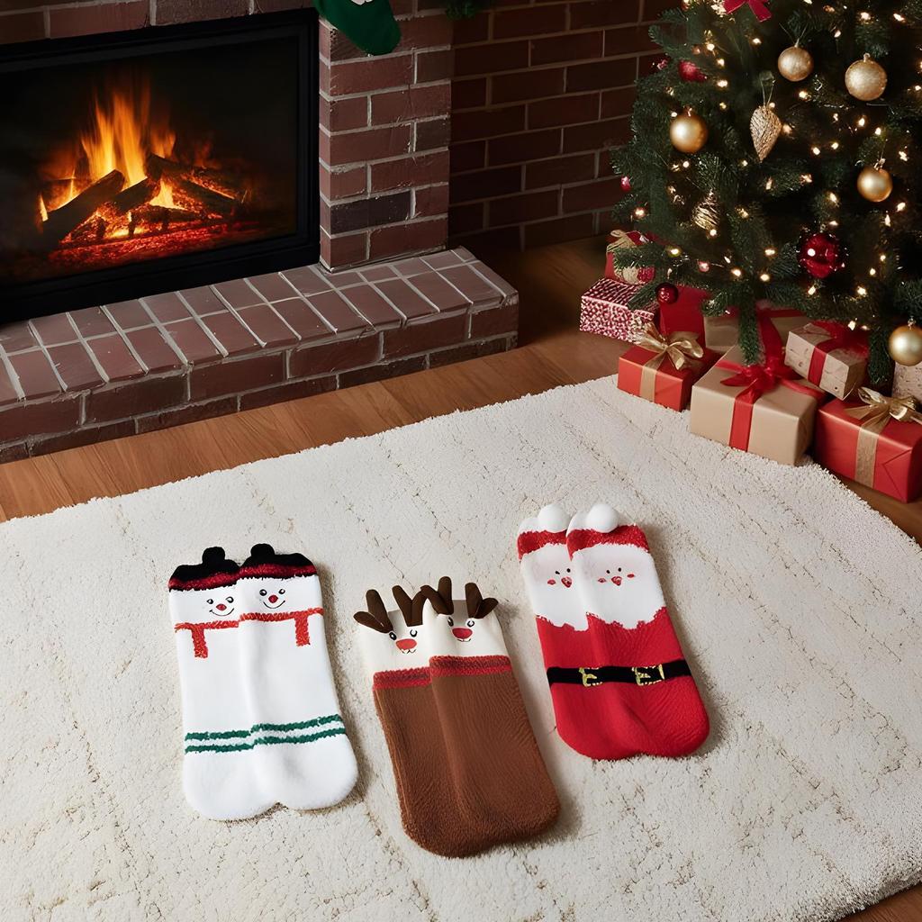 3pcs Fuzzy Socks Set 3D Snowman/Santa Claus/Elk Warm Thick Soft Slipper Christmas Slipper Socks For Women Men Teens Girls Boys