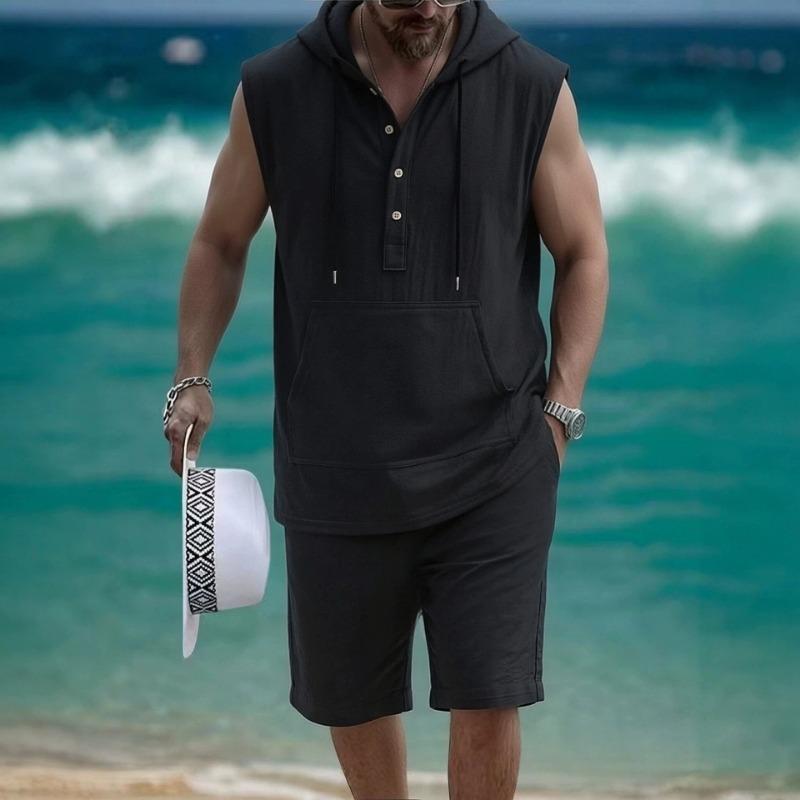 Mens Casual Loose Hooded Sleeveless Vest And Shorts Set