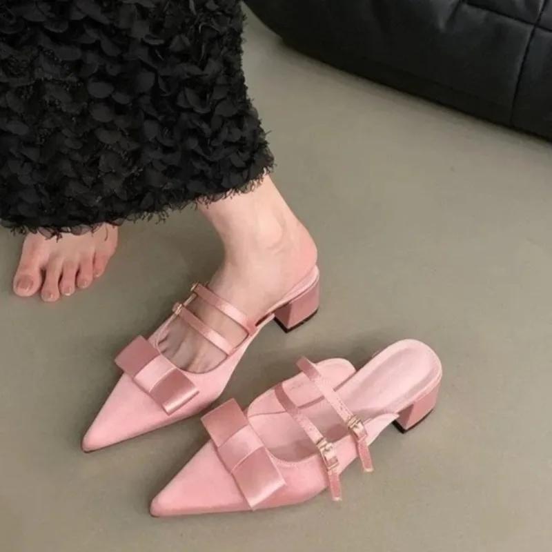Fashion Women New Summer Pointed Toe Shallow Mouth Mary Jane Cool Drag Block Heel French Bow Wrapped Half Slippers