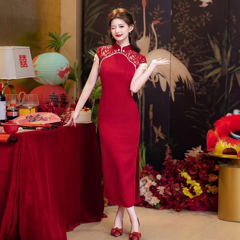 Elegant Red Lace Sleeveless Cheongsam Dress Wedding Guest Bridal Shower Banquet Chinese Style Long Qipao With High Slit Small