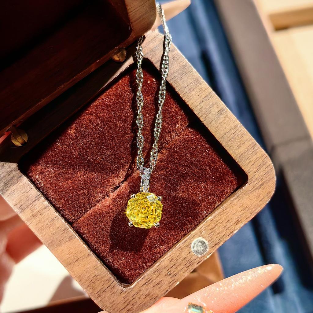 Octagonal Millennium Rose Cut Paraiba Necklace Pendant With High Carbon Diamond Colorful Diamond Stud Earrings Yellow Diamond Ring Women