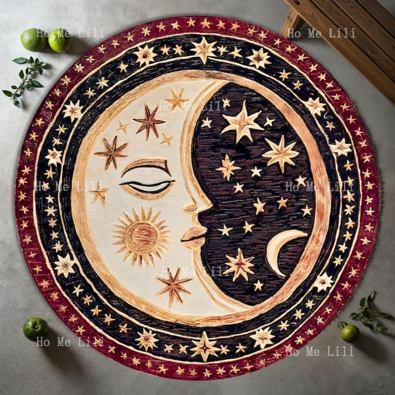 Celestial Boho Mystical Star Phase Decor Meditation Space Spiritual Home Accent Sun Round Rug Mat Moon Tapestry 60X60cm