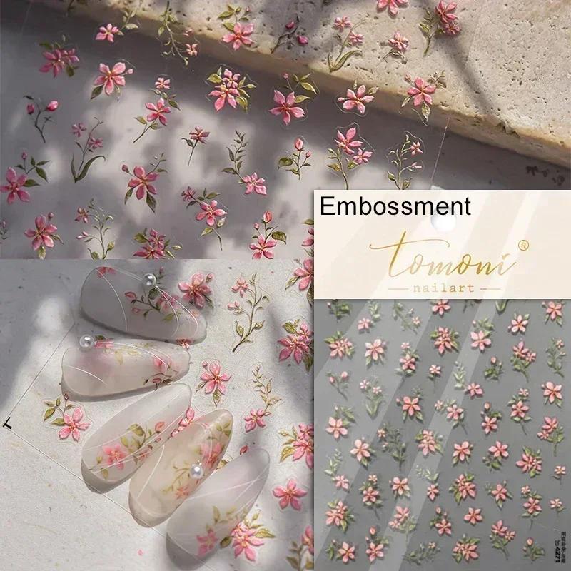 Gold Stamped Blooming Red Peony 3D Self-Adhesive Nail Art Stickers Lily Magnolia Camellia Daisy Rose Manicure Decals