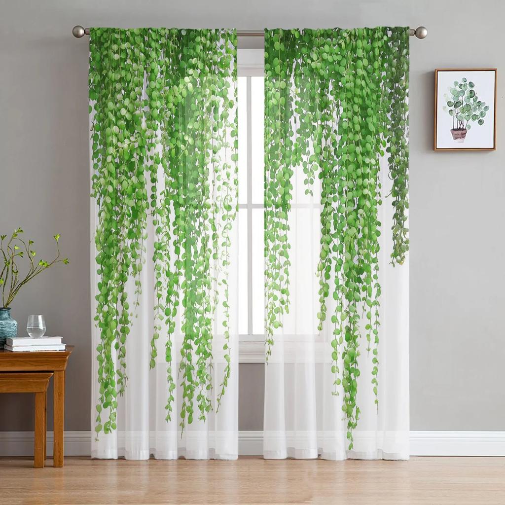 Plant Green Rattan Leaves White Chiffon Sheer Curtains for Living Room Bedroom Decoration Window Voiles Tulle Drapes Curtain