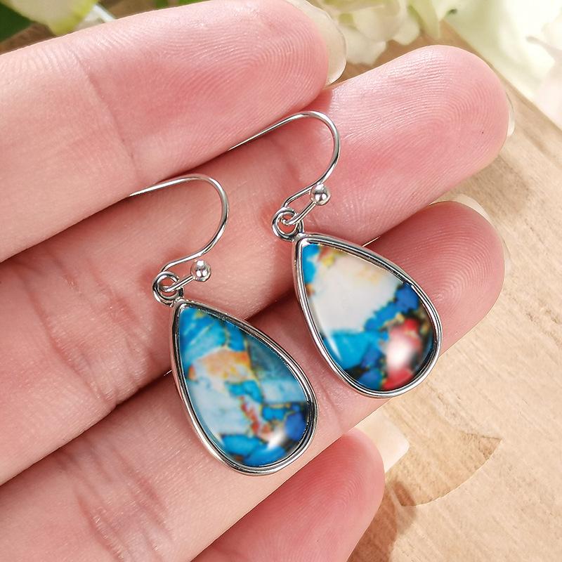 Silver Plated Oyster Turquoise Teardrop Drop Earrings, Natural Stone Boho Earrings for Women