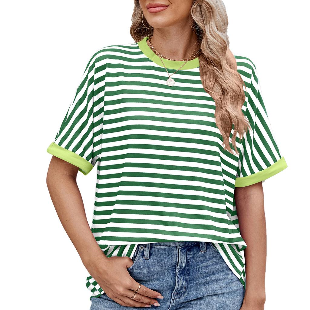 Summer Loose Fit Striped Round Neck T-Shirt Women