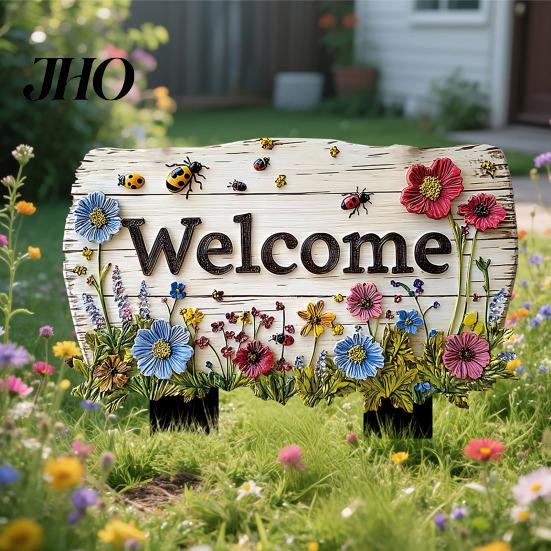 3D Effect Garden Sign Floral with Stake, Farmhouse Sign, Colorful Flowers Yard Outdoor Decoration Art Rustic Welcome for Home Pathway Planter